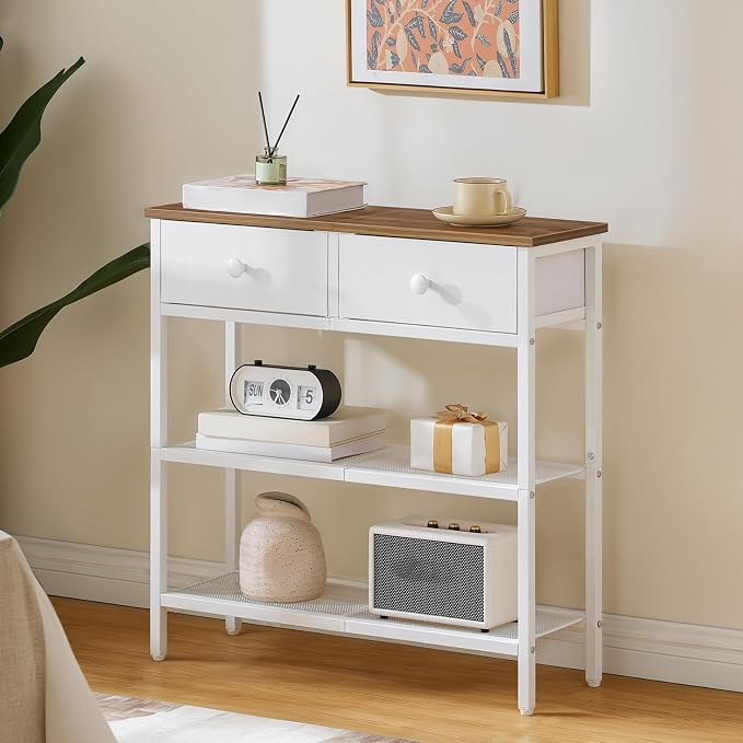 HOOBRO 29.5" Narrow Console Table with 2 Fabric Drawers, Sofa Table, Small Entryway Table with 3-Tier Storage Shelves, Behind Couch Table, for Living Room, Hallway, Walnut and White WH72XG01