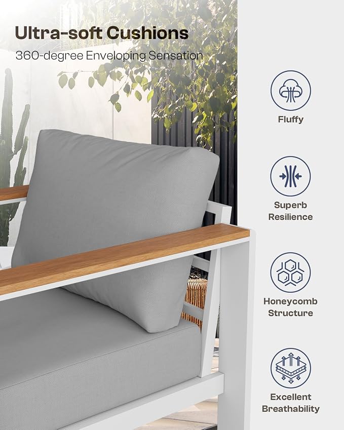 Aluminum Outdoor Patio Furniture Set with Coffee Table, 5 Piece Patio Conversation Sets with Washable Thick Cushions, Patio Sectional Furniture Set for Porch, Balcony, Deck, White
