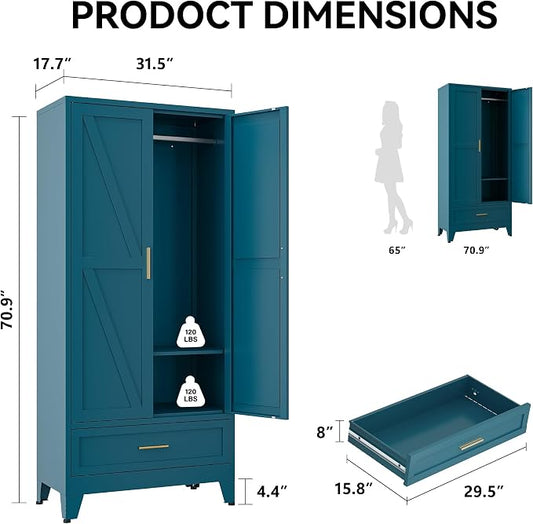 COFaR Metal Wardrobe Closet, 71" Armoire Cabinet with Drawer & Hanging Rod, Freestanding 2-Door Clothing Storage with Adjustable Shelf, Elegant Bedroom Organizer (Peacock Blue)