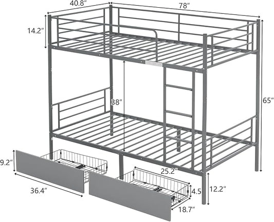 Karl home Grey Bunk Bed Twin Over Twin with 2 Storage Drawers, Metal Bunk Bed with Built-in Ladder and Safety Guardrail, Space-Saving Twin Bunk Beds for Kids, Teens & Adults, No Box Spring Needed