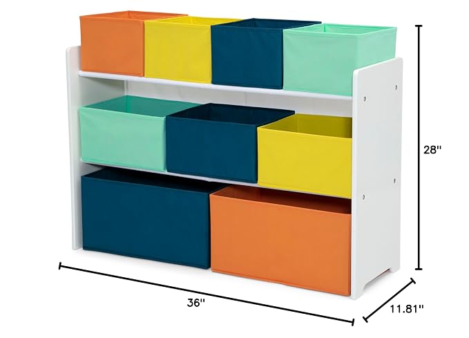 Delta Children Deluxe Multi-Bin Toy Organizer with Storage Bins - Greenguard Gold Certified, White with Navy/Green/Pastel Bins