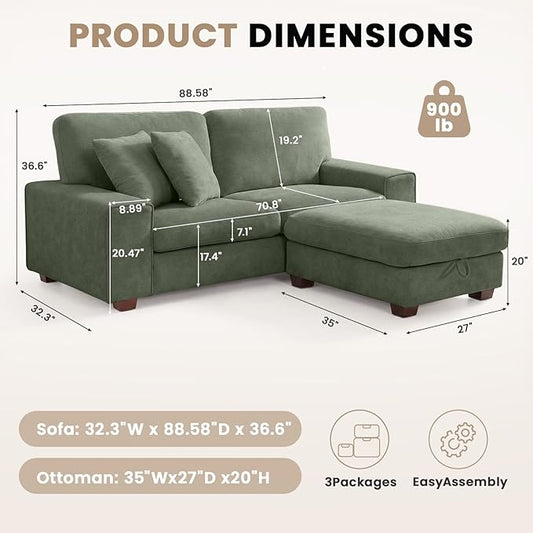 DOPEDIO L-Shaped Sectional Sofa with Storage Ottoman, Modern Chenille Recliner Loveseat, Removable Couch Covers, Pocket Spring Cushions, Solid Wood Frame, Easy to Install (88.58inch, Green)