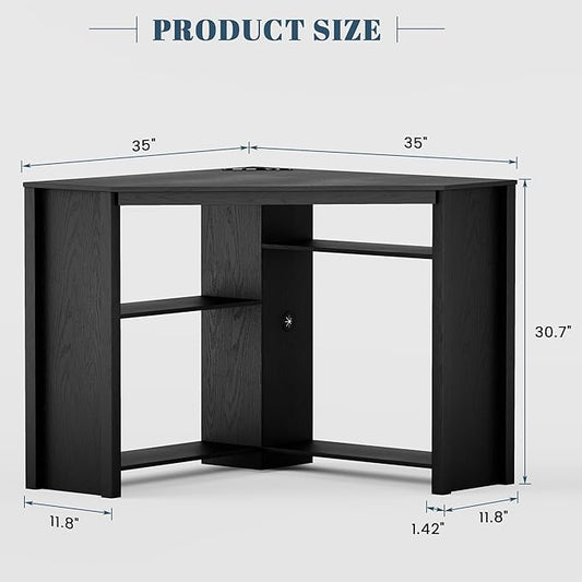 Corner Desk with Charging Station and LED Lights, Black | Triangle gaming computer desk for home office. Features space saving storage shelves, CPU stand, and smart LED light