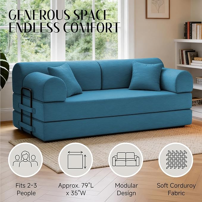 79'' Convertible Sofa Bed, 6 in 1 Folding Floor Futon Couch Sleeper with Fixed Frame, Corduroy Modular Sofa Bed with Removable Armrests & Pillows, No Assembly for Living Room Bedroom (Light Blue)
