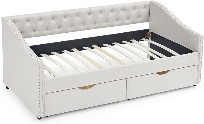 KEIKI Twin Size Upholstery Daybed with 2 Drawers and Headboard, Mid-Century Style Tufted Sofa Bed with Button on Back, Easy Assembly, No Box Spring Required, for Living Room and Bedroom, Beige