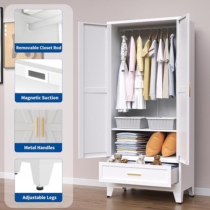 Steel Armoire Wardrobe Closet, 71" Metal Clothing Storage Cabinets with 2 Doors, 1 Drawer and 1 Adjustable Shelf, White Wardrobe Cabinet with Hanging Rod for Bedroom, Gym