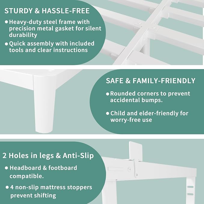 ITIMIDI 10 Inch White Bed Frame Queen, Queen Size Metal Platform Bed Frames with Metal Gaskets, Heavy Duty Steel Support 3500 LBS, No Box Spring Needed, Anti-Slip Mattress Stopper, Easy Assembly