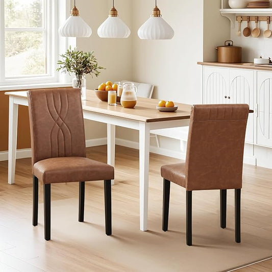 VECELO PU Leather Dining Chairs Set of 2, High Back Upholstered Parsons Chairs with Solid Wood Legs and Adjustable Foot Pads for Kitchen and Living Room, Brown