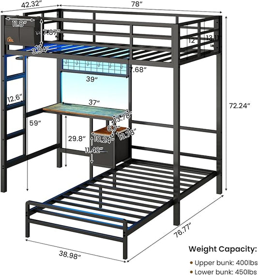 DICTAC Bunk Bed Twin Over Twin with Desk,Led Lights and Charging Station twin Bunk Beds with Storage Drawers and Shelves,Metal L-Shaped for kids with Safety Guardrail&Ladder,No Box Spring Needed,Black