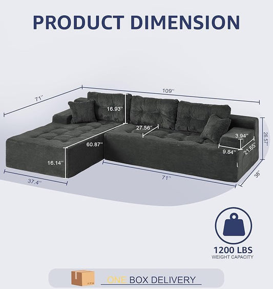 Hobestluk Modular Sectional Sofa Couches L-Shape Couch 3 Seat Modular Sofa Memory Foam Sectional Couches for Living Room, Cloud Couch with Oversized Chaise (Charcoal Corduroy, 108", Left Hand Facing)