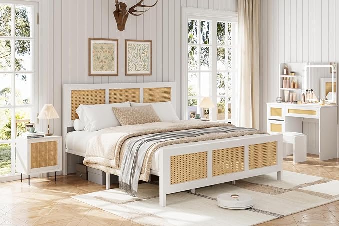Garvee Rattan Bed Frame with Headboard, Bohe Platform Full Size Bed Frame with Strong Metal Slats Support, No Box Spring Needed, Noise-Free Design, White