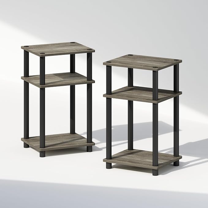 Furinno Just 3-Tier Turn-N-Tube Open Storage Nightstand, 2-Pack, Plastic Poles, French Oak/Black