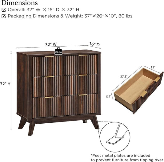 T4TREAM Fluted 3 Drawers Nightstand, Oversized Extra Large Modern Side Table, End Table Bedside for Bedroom, Living Room, Curved Profile Design, Dark Walnut