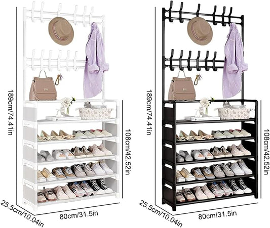 ikaufen 5-Tier Entryway Coat Rack Shoe Shelf, 2-in-1 Hall Tree with 8 Hooks, Thickened Plastic Storage Organizer for Shoes, Bags, Hats (Black/White) (White 80cm +8 Hooks+12 Bag)