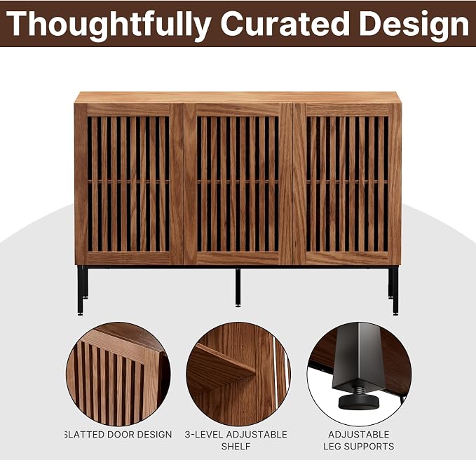 BVIUNTWO Buffet Cabinet, Modern Credenza Storage Cabinet with Adjustable Shelves and Metal Base, 47 Inch Wood Multifunctional Console Table for Kitchen, Living Room, Entryway, Brown