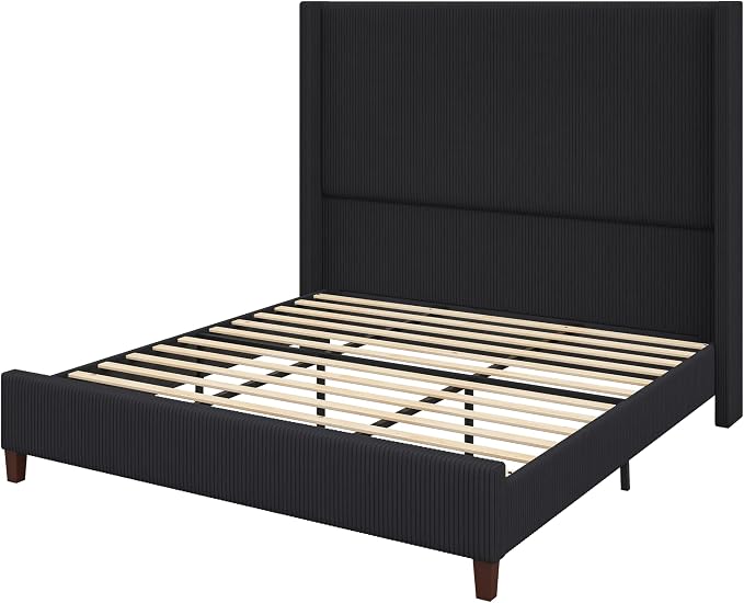 AMERLIFE King Size 62" Corduroy Upholstered Bed Frame, Luxurious Platform Bed with Extra Tall Wingback Headboard and Vertical Stripe, No Box Spring Needed/Solid Wood Slats & Legs/Black