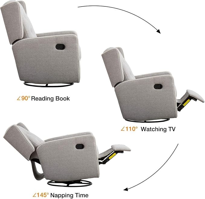 CANMOV Swivel Rocker Recliner Chair, Nursery Glider Chair, Nursery Rocking Chairs, Manual Reclining Chair, Grey