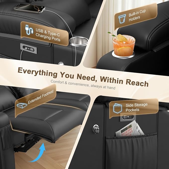 Power RV Loveseat Recliner Sofa, Reclining Loveseat Home Theater Seating with USB Ports, Cup Holders, Wall Hugger Recliners for Movie Room, Recline Movie Seats Gaming Sofa, Black