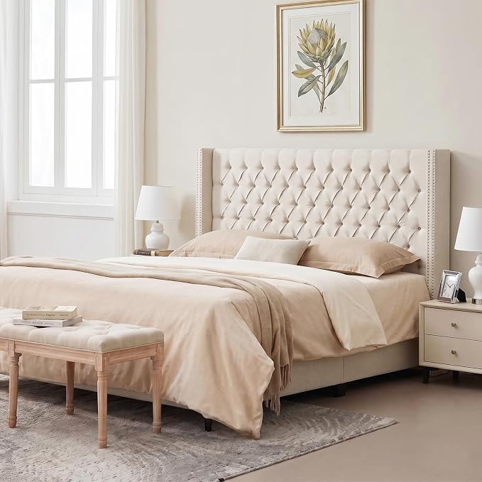 Madison Park Amelia Upholstered Headboard | Nail Head Trim Wingback Button Tufted | King, Cream