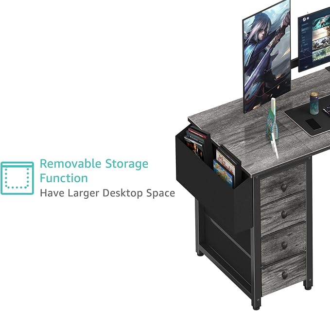 Lufeiya L Shaped Gaming Desk with Drawers & Storage Shelves, 55 Inch Corner Computer Desk with Power Outlet for Home Office Bedroom, L-Shaped Teen PC Desks with Fabric Drawer, Gray