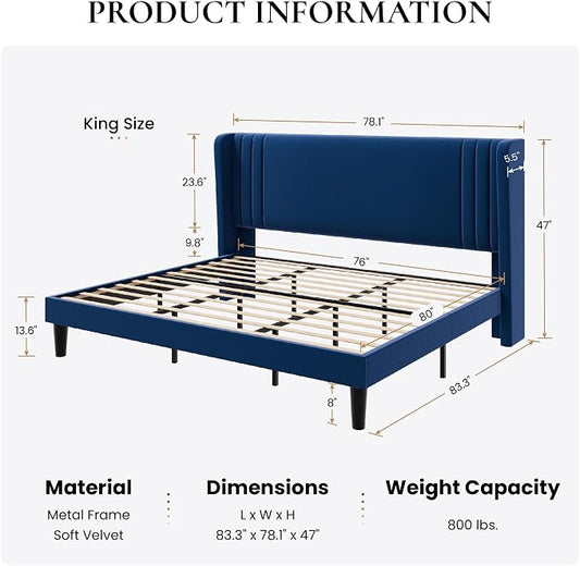 SHA CERLIN King Size Velvet Upholstered Platform Bed Frame with Vertical Channel Tufted Wingback Headboard, Wooden Slats Support, Easy Assembly, Under Bed Storage, No Box Spring Required, Blue