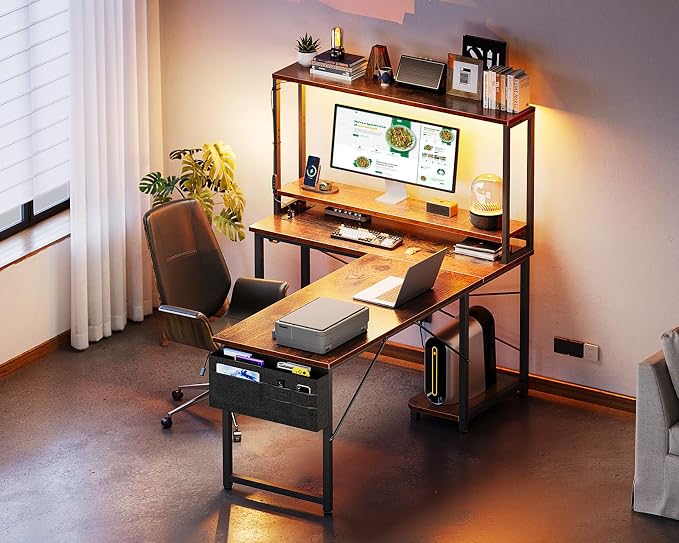ODK 53 Inch L Shaped Desk with LED Lighting, Reversible Gaming Desk with Power Outlets, Cornor Computer Table with Storage Shelves & Bag & Iron Hook, Home Office Table for Writing, Study, Vintage