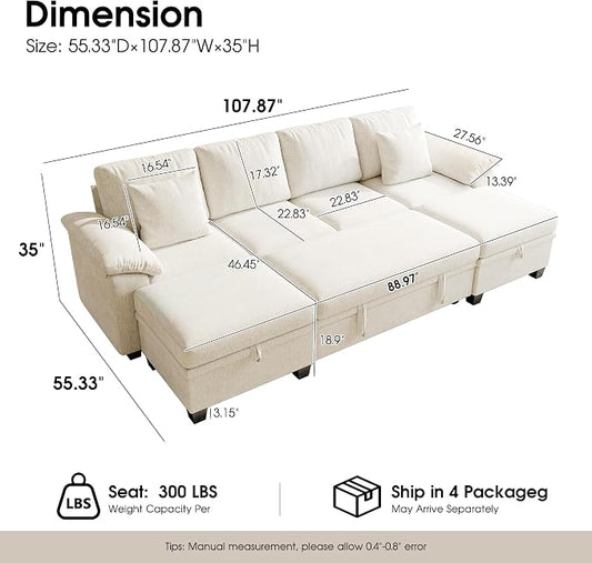 107.8" Modular Sectional Sleeper Sofa Bed, U Shaped 6 Seat Pull Out Couch with Storage Ottoman, Convertible Cloud Couch Bed, Sectional Couches for Living Room, Apartment (Beige)