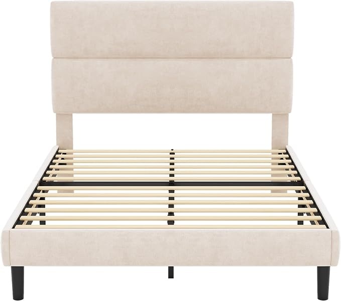 GRUSIGN Full Size Platform Bed Frame with Velvet Headboard, Adjustable Height Wooden Slats Support, Upholstered Mattress Foundation, Fits Mattress or Mattress with Box Spring, Easy Assembly, Beige