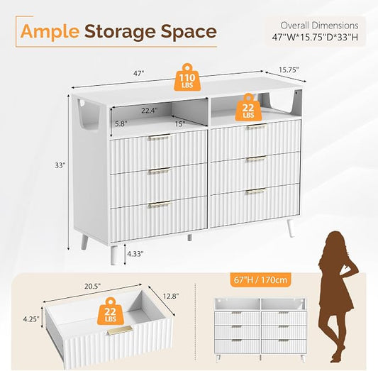 VINGLI Fluted White Dresser, Led Dresser 6 Drawer, White Wood Bedroom Dressers TV Stand, Modern, 47" W*15.75" D*33" H