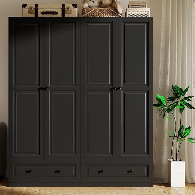 Armoire Wardrobe Closet with Drawers: 74" Black Tall Wardrobe Cabinet with Hanging Rod, Wooden Closet with 4 Doors and 2 Drawers, Modern Bedroom Armoires