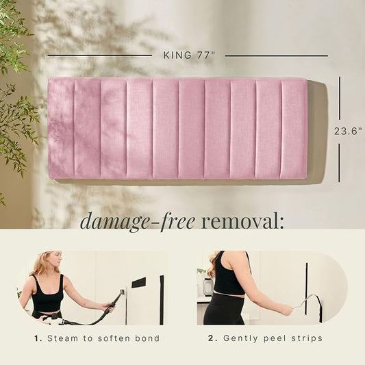 Hearth & Harbor Wall Mounted King Headboard Only, Bed Headboard King Size | Easy Assemble, Floating Peel and Stick, Upholstered, Channel Stitched, 3D Wall Panels, 5 Strips of 3M Tape Included, Pink