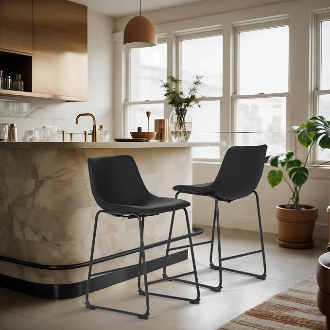 Athena Collection 23'' Counter Height Bar Stools Bar Chairs Set of 2 Modern PU Leather Bucket Chairs with Back Soft Foam Filled Metal Frame Bar Stools with Footrest for Pub, Bistro, Kitchen, Black