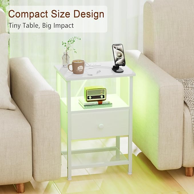 LOAKEKEL LED Night Stand with Charging Station, Small Bedside Table with USB Ports & Outlets, Fabric Storage Drawer with PU Finish for Bedroom, White, HETS01WT-1