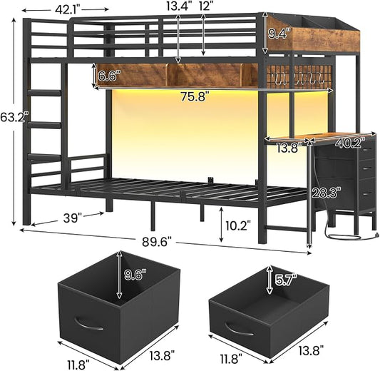 VIAGDO Bunk Bed Twin Over Twin with Charging Station and LED Lights, Heavy Duty Metal Bunk Bed with Desk and 3 Storage Drawers, Utility Storage Shelf and Boxes, No Box Spring Needed, Black