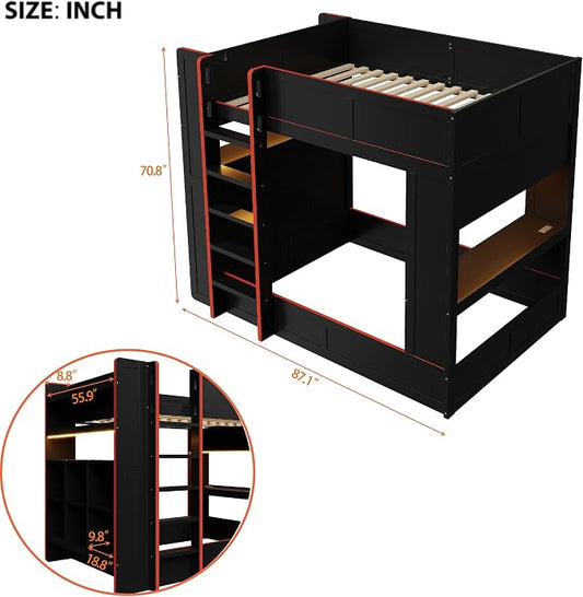 RUNNA Full Gaming Bunk Bed with Desk, LED & Charging Station | Full gaming bunk bed with desk, LED lights, charging station, storage shelves, 600 lbs capacity, no box spring needed
