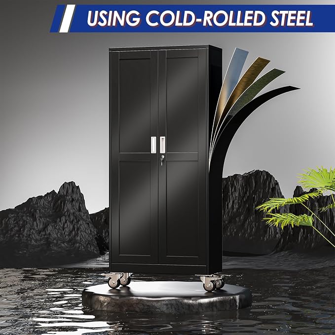 GAIOUS Metal Garage Storage Cabinet with Lock and Wheels, 45.7" Tall Metal Storage Cabinets with Locked Door and 3 Adjustable Shelves, Rolling Tool Cabinet, Utility File Cabinet for Home Office, Black