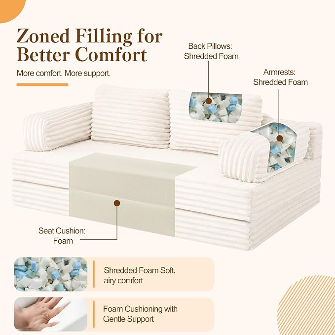 MeMoreCool Convertible Sofa Bed, Folding Floor Couch Bed Queen, Pull Out Sleeper Couch with Pillows, Fold Out Futon Sofa for Bedroom Living Room Small Space, Corduroy Beige