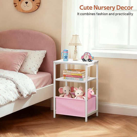 MISSLO Toddler Nightstand with Storage Basket Kids Nightstand with Large Tabletop Nursery Side Table for Living Room Easy Assembly Small End Tables for Small Spaces Toddler Bedroom Decor