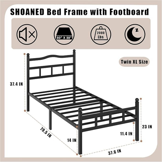 SHOANED Metal Bed Frame with Headboard & Footboard - 14 Inch Twin XL Size Heavy Duty Bedframe Black Basic Steel Slats Platform No Box Spring Needed/Easy Assembly/Noise Free