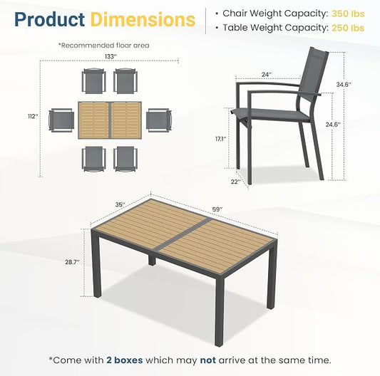Patio Table and Chairs for 6, Outdoor Patio Dining Furniture Set with Aluminum Table and Metal Textilene Chairs, All-Weather Patio Table Set with HDPS Rectangular Tabletop for Garden Porch
