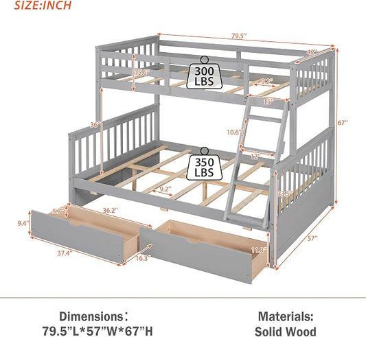 Merax Wood Bunk Bed with Drawers,Convertible Wood Bunk Bed with Ladders and Two Storage Drawers,Solid Wood Detachable Bed Frame with Ladders,Twin Over Full Size,Grey