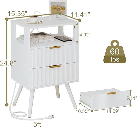 JOONEE White Nightstand with Charging Station and LED Lights,Modern Bedside Table with 2 Storage Drawer and Open Wood Shelf, for Bedroom and Small Spaces,Night Stand with Solid Wood Legs,White