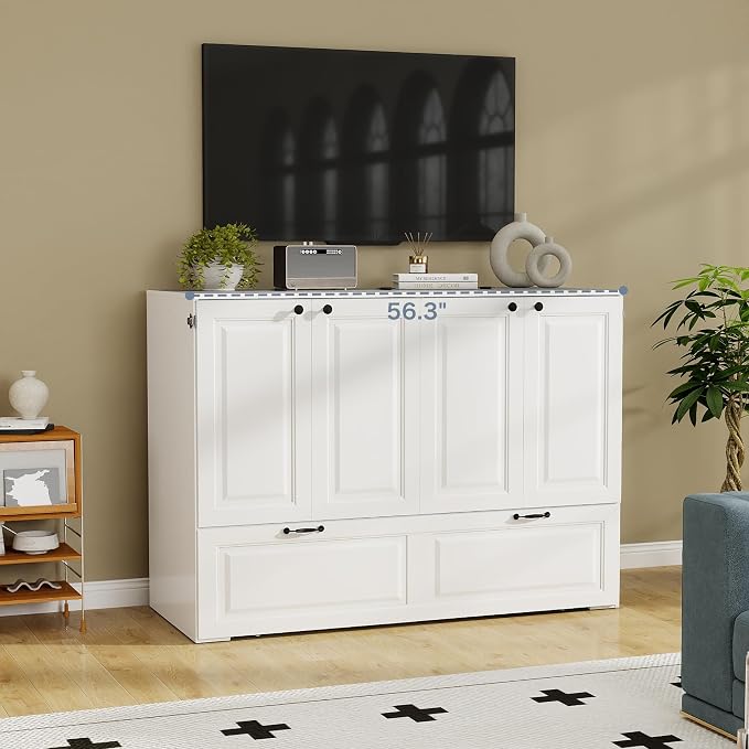 Full Murphy Bed Cabinet: White Cabinet Bed with Charging Station, Cube Murphy Beds with Drawers, Modern Hidden Beds for Small Spaces, Guest Room and Office