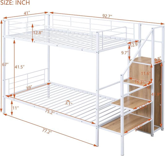 Bellemave Bunk Bed Twin Over Twin,Metal Bunk Bed with Storage Stairs and Wardrobe, Bunk beds for Adults/Kids/Teens, White