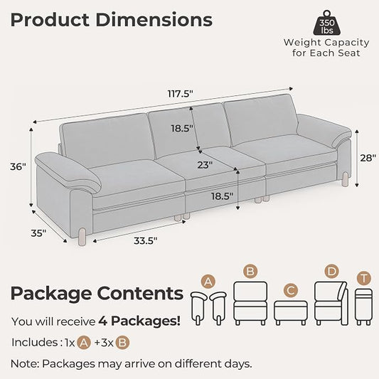 SITJOY Large Cloud Couch, 118" Wide 3 Seater Sofa, Chenille in Navy Blue | Detachable and Washable Chenille Cover Sectional Sofas for Living Room, Deep Seat Wide Couch
