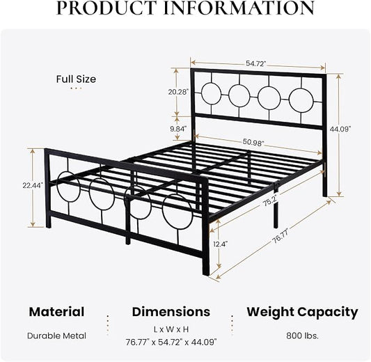 SHA CERLIN Full Size Metal Bed Frame with Vintage Circular Design Headboard and Footboard,No Box Spring Required,Easy Assembly,Noise-Free,Black