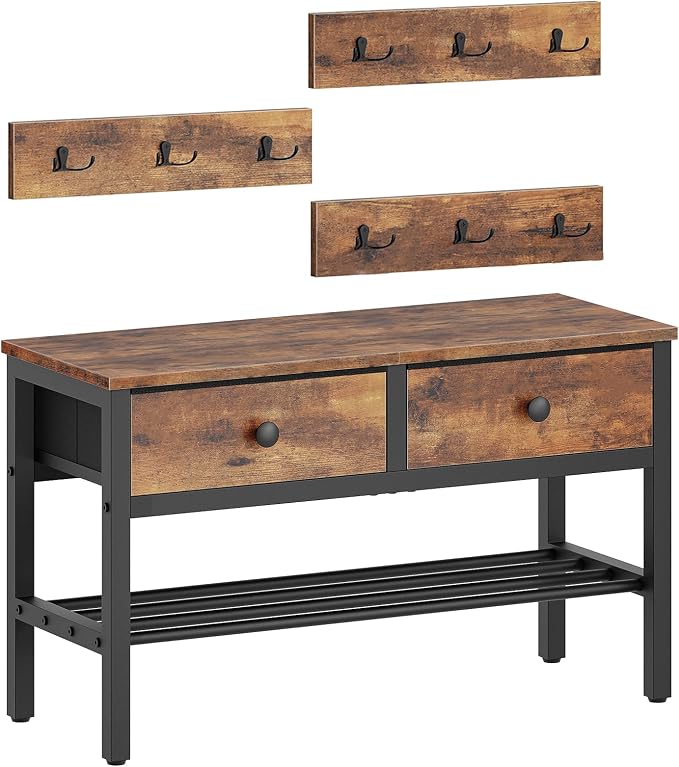 YATINEY Hall Tree with Bench and Shoe Storage, Entryway Bench with Coat Rack, 4-in-1 Coat Rack Shoe Bench, Multifunctional, for Front Door, Hallway, Foyer, Rustic Brown and Black MT05BR