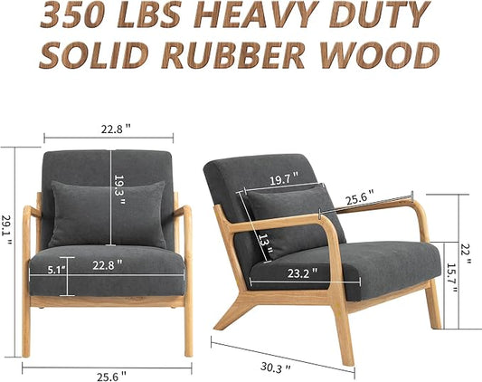 Mid Century Modern Accent Chair with Wood Frame and Linen Fabric Upholstery, Comfortable Lounge Armchair with Pillow, Wooden Accent Chair for Living Room, Bedroom, or Reading Corner