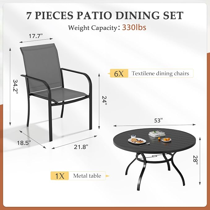 SUNCROWN 7 - Piece Outdoor Dining Set, Patio Furniture Set with 6 x Textilene Dinning Chairs and 53" Metal Round Table with Umbrella Hole for Lawn Garden Backyard Deck, Grey
