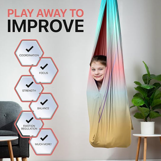 Indoor Sensory Swing for Kids or Outdoor – Holds 300lbs, Double-Layer, & 360° Swivel, Calming Compression Therapy Swing Hammock for Kids & Adults with All Hardware – Sensory-Motor Toys & Gifts